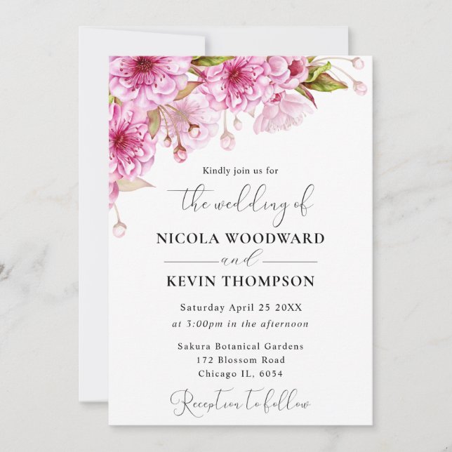Watercolor Spring Cherry Blossom Branch Wedding Invitation (Front)