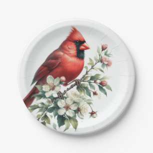 Watercolor Spring Cherry Blossom Northern Cardinal Paper Plates