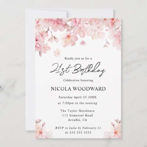 Watercolor Spring Cherry Blossoms 21st Birthday Invitation