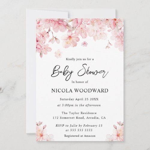 Watercolor Spring Cherry Blossoms Baby Shower Invitation