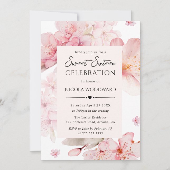 Watercolor Spring Cherry Blossoms Sweet Sixteen Invitation (Front)