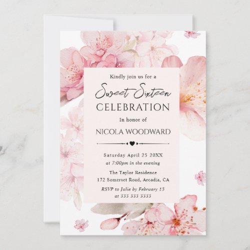 Watercolor Spring Cherry Blossoms Sweet Sixteen Invitation
