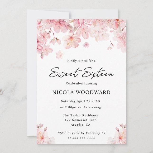 Watercolor Spring Cherry Blossoms Sweet Sixteen Invitation (Front)