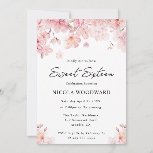 Watercolor Spring Cherry Blossoms Sweet Sixteen Invitation