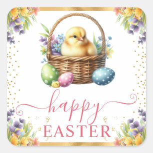 Watercolor Spring Chick Basket Easter Square Sticker