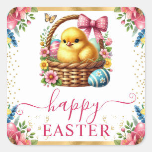 Watercolor Spring Chick Basket Easter Square Sticker