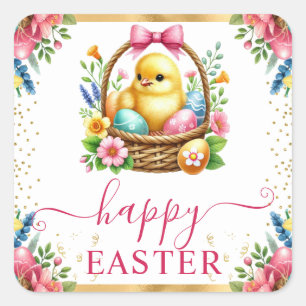 Watercolor Spring Chick Basket Easter Square Sticker