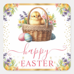 Watercolor Spring Chick Basket Easter Square Sticker