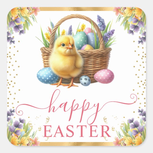 Watercolor Spring Chick Basket Easter Square Sticker (Front)
