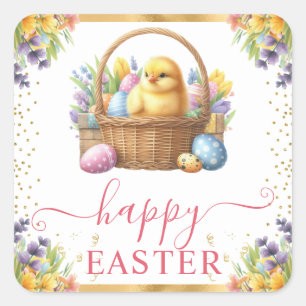 Watercolor Spring Chick Basket Easter Square Sticker