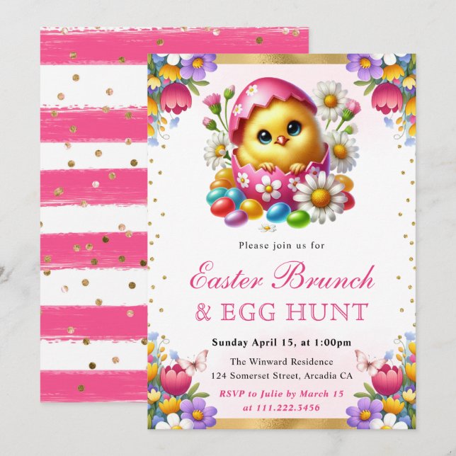 Watercolor Spring Chick in Egg Easter Brunch Invitation (Front/Back)
