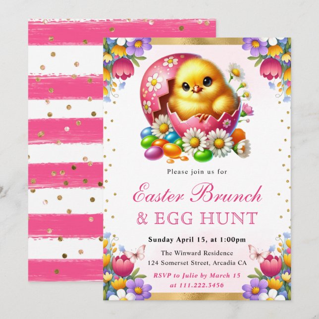 Watercolor Spring Chick in Egg Easter Brunch Invitation (Front/Back)