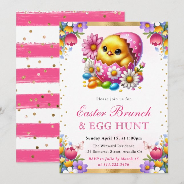 Watercolor Spring Chick in Egg Easter Brunch Invitation (Front/Back)