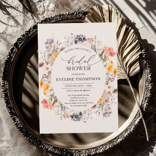 Watercolor spring colorful wildflowers wreath invitation