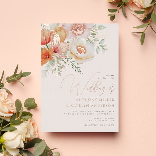 Watercolor Spring Coral Peach Pink Floral Wedding Foil Invitation