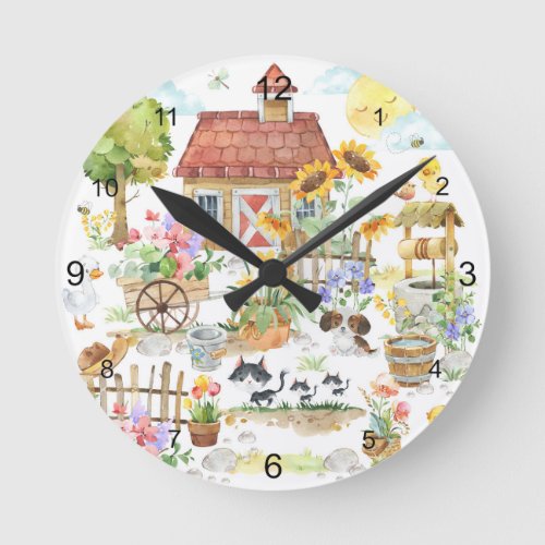 Watercolor Spring Country Floral Cottage Garden  Round Clock