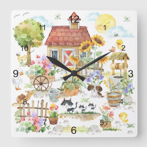 Watercolor Spring Country Floral Cottage Garden  Square Wall Clock