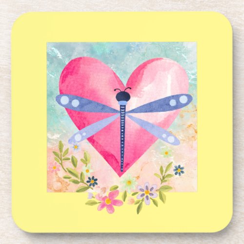 Watercolor Spring Dragonfly Heart Flowers 6 Beverage Coaster