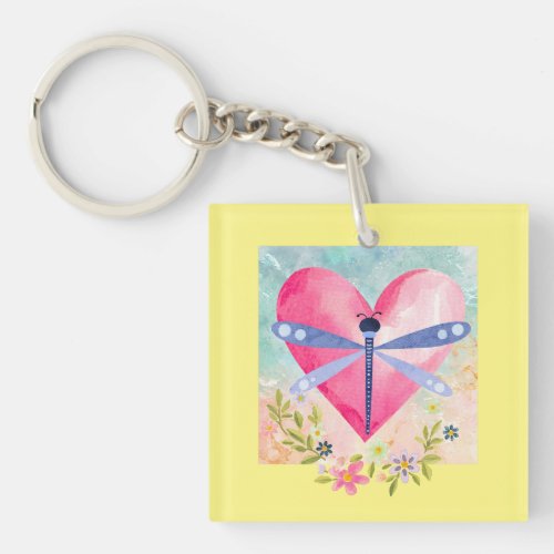 Watercolor Spring Dragonfly Heart Flowers Acrylic Keychain