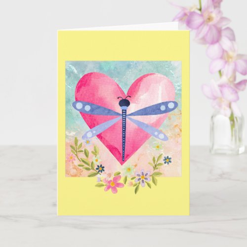 Watercolor Spring Dragonfly Heart Flowers Card