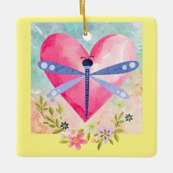 Watercolor Spring Dragonfly  Heart  Flowers Ceramic Ornament by xgdesignsnyc at Zazzle