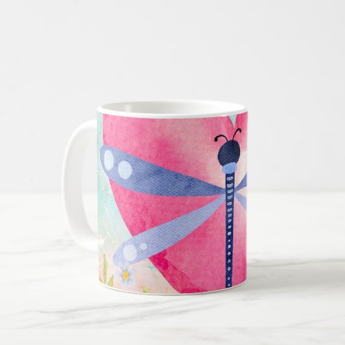 Watercolor Spring Dragonfly Heart Flowers Coffee Mug