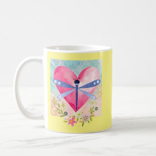 Watercolor Spring Dragonfly Heart Flowers Coffee Mug