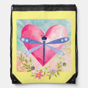 Watercolor Spring Dragonfly  Heart  Flowers Drawstring Bag by xgdesignsnyc at Zazzle