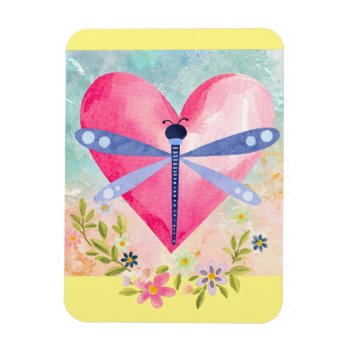 Watercolor Spring Dragonfly  Heart  Flowers Flex Magnet by xgdesignsnyc at Zazzle