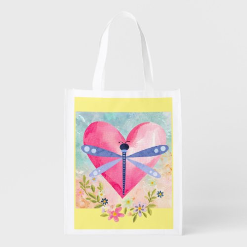 Watercolor Spring Dragonfly Heart Flowers Grocery Bag