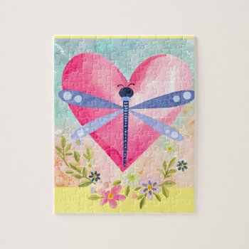 Watercolor Spring Dragonfly  Heart  Flowers Jigsaw Puzzle by xgdesignsnyc at Zazzle