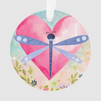 Watercolor Spring Dragonfly  Heart  Flowers Ornament by xgdesignsnyc at Zazzle