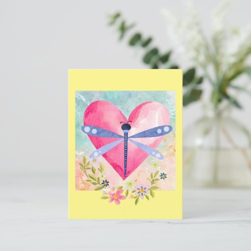 Watercolor Spring Dragonfly Heart Flowers Postcard