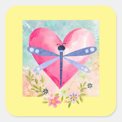 Watercolor Spring Dragonfly Heart Flowers Square Sticker