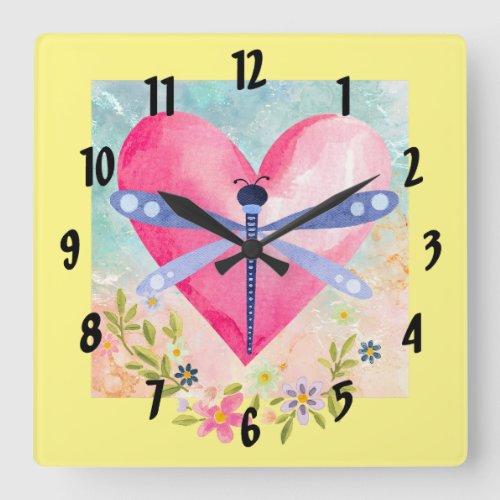 Watercolor Spring Dragonfly Heart Flowers Square Wall Clock