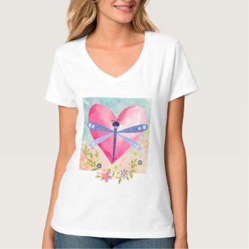 Watercolor Spring Dragonfly  Heart  Flowers T-shirt by xgdesignsnyc at Zazzle
