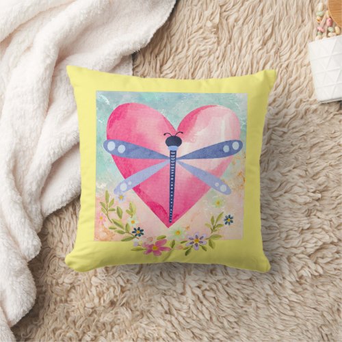 Watercolor Spring Dragonfly Heart Flowers Throw Throw Pillow