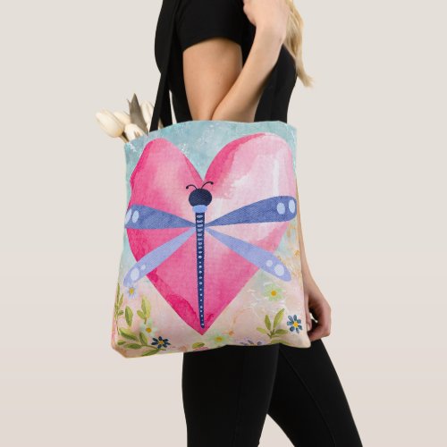 Watercolor Spring Dragonfly Heart Flowers Tote Bag