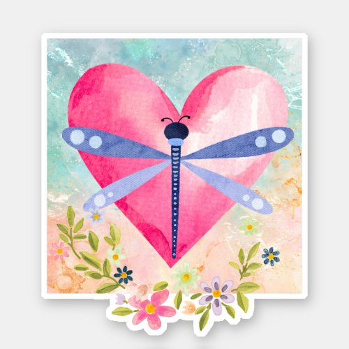 Watercolor Spring Dragonfly Heart Flowers Vinyl Sticker