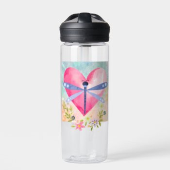 Watercolor Spring Dragonfly  Heart  Flowers Water Bottle by xgdesignsnyc at Zazzle