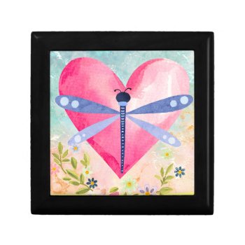 Watercolor Spring Dragonfly  Heart  Flowers Wooden Gift Box by xgdesignsnyc at Zazzle