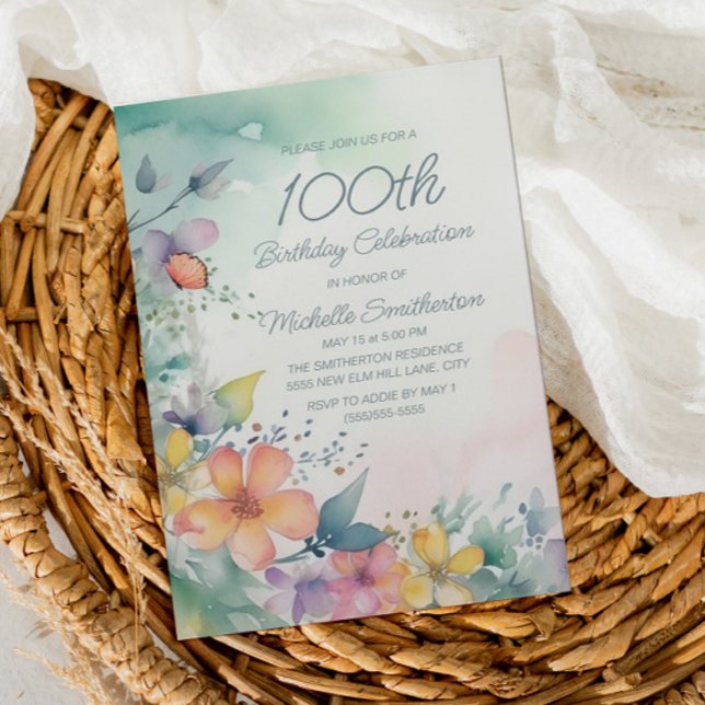 Watercolor Spring Floral 100th Birthday Invitation (Creator Uploaded)