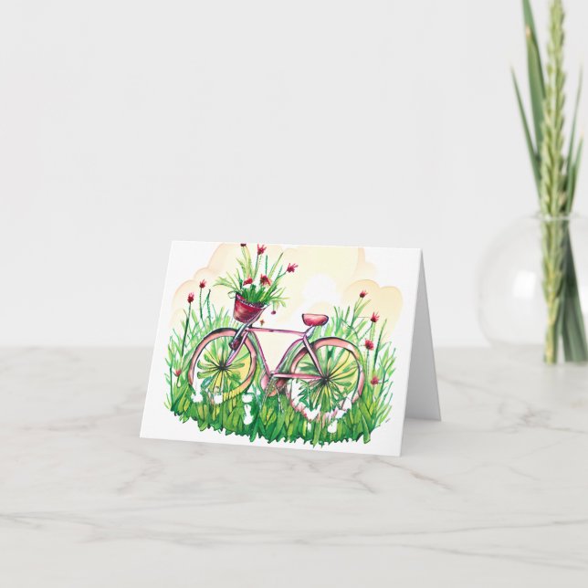 Watercolor spring floral bicycle customizable card (Front)