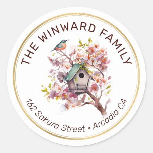 Watercolor Spring Floral Birdhouse Address Classic Round Sticker