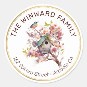 Watercolor Spring Floral Birdhouse Address Classic Round Sticker