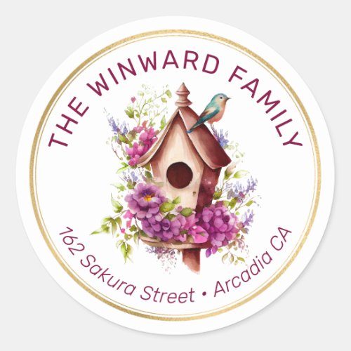 Watercolor Spring Floral Birdhouse Address Classic Round Sticker