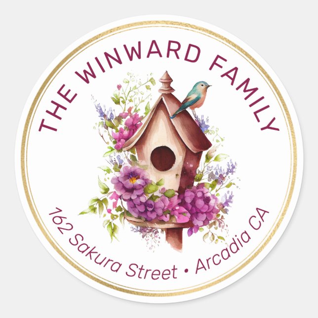 Watercolor Spring Floral Birdhouse Address Classic Round Sticker (Front)