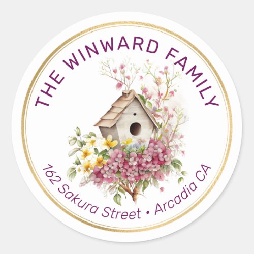 Watercolor Spring Floral Birdhouse Address Classic Round Sticker