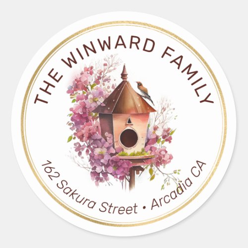 Watercolor Spring Floral Birdhouse Address Classic Round Sticker