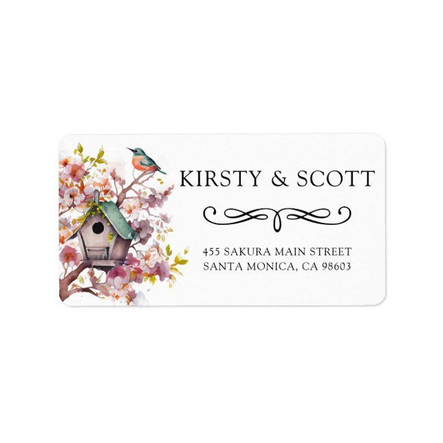 Watercolor Spring Floral Birdhouse Address Label (Front)